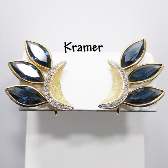 Vintage Kramer Blue & Clear Rhinestone Earrings, Gold Plated - Picture 1 of 10